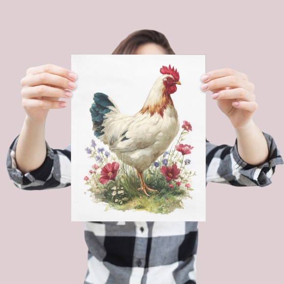 Watercolor Hen Chicken with Wildflowers Portrait Wall Art Print Unframed - Picture 4 of 6